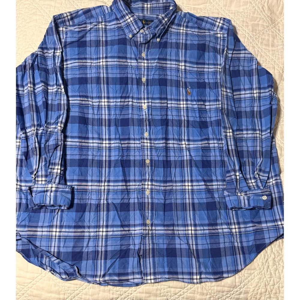 Ralph Lauren Plaid Button Down Mens 2XB Blue Big & Tall Long Sleeve Cotton Shirt